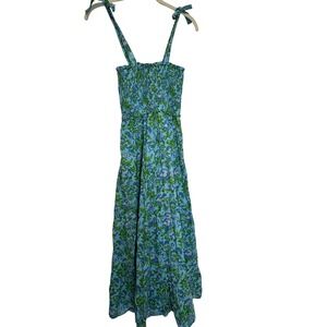 Liza Byrd Blue Green Floral Block Print Smocked‎ Tie Shoulder Maxi Dress XS